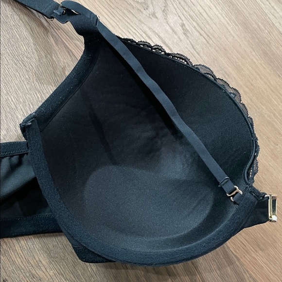 Cacique Shimmer Black Lace Strappy Front-Close Boost Plunge Bra Sz 44DD - Picture 8 of 15